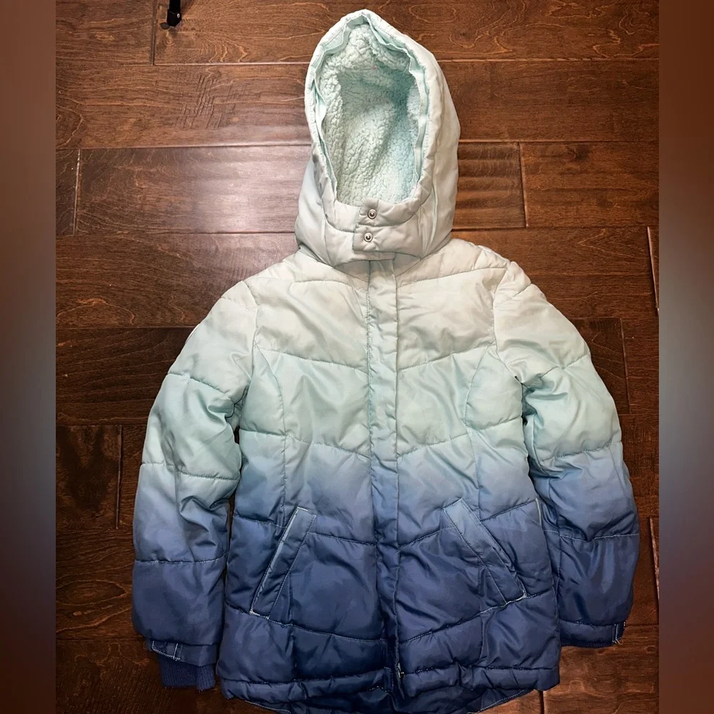 Justice Aqua Mist Gradient Ombré Blue Puffer Jacket Coat Girls Size 6/7